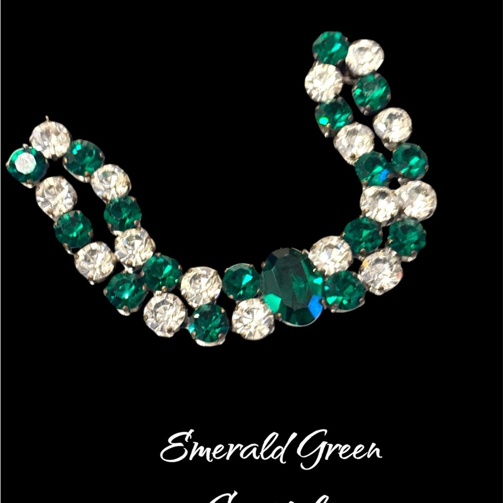 Mid-Century Emerald Green & Clear Rhinestone Cuff Bracelet